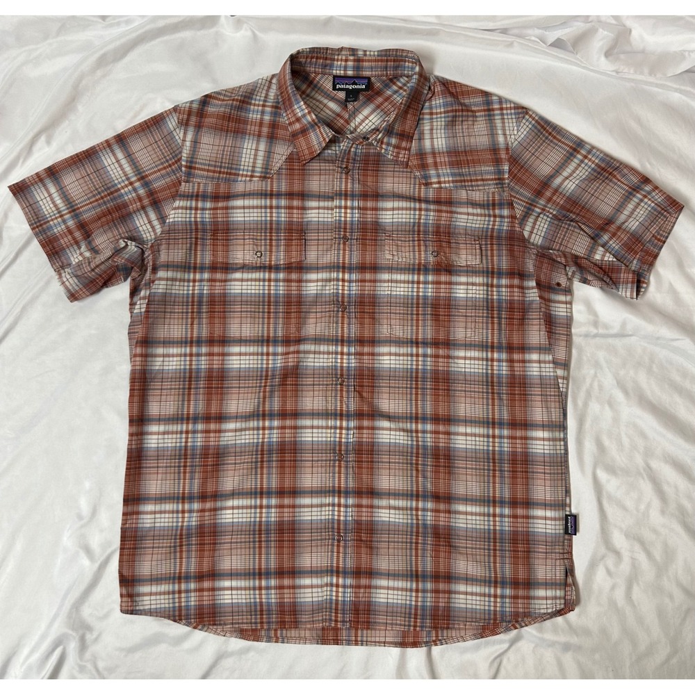 Patagonia Bandito Plaid Western Snap Short Sleeve Shirt Rust Blue Men's Large